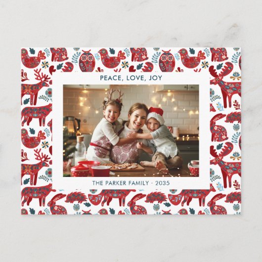 White Christmas Woodland Animals Folk Art Photo Feestdagenkaart (Voorkant)