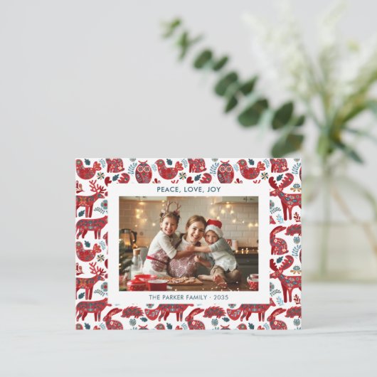 White Christmas Woodland Animals Folk Art Photo Feestdagenkaart (Staand voorkant)