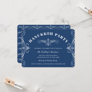 White Classic Scroll Blue Hanukkah Holiday Party Kaart