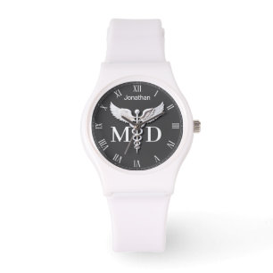 White Clean Gedetailleerde Caduceus Medical Doctor Horloge
