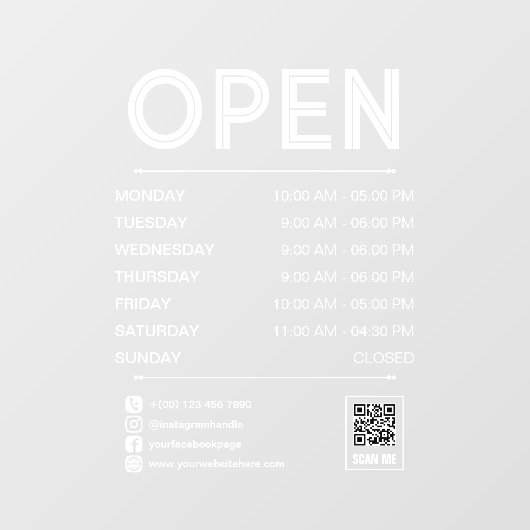 White Clean Praktische Openingstijden QR Code Raamsticker (Vel)