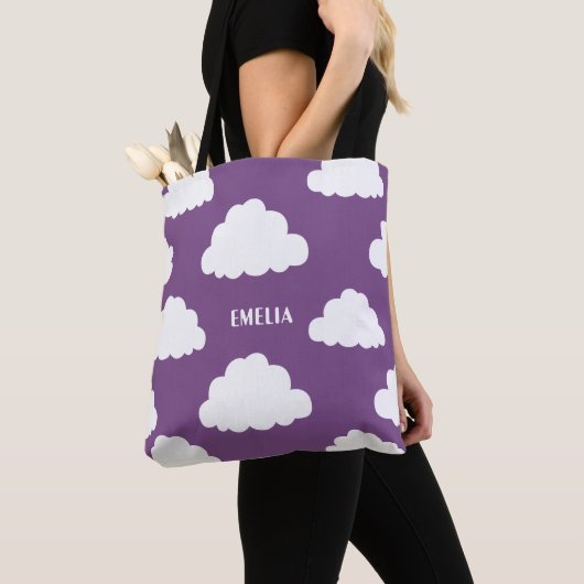 White Clouds Pattern Gepersonaliseerde Paarse Canv Tote Bag (Dichtbij)