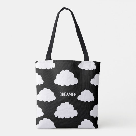 White Clouds Pattern Gepersonaliseerde zwarte Canv Tote Bag (Achterkant)