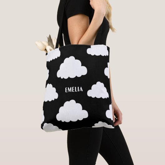 White Clouds Pattern Gepersonaliseerde zwarte Canv Tote Bag (Dichtbij)