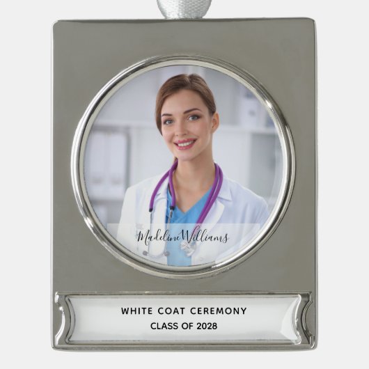 White Coat Cememony Medical Foto Verzilverd Banner Ornament (Voorkant)