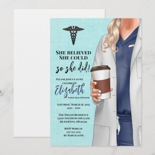 White Coat Medische School Afstuderen Uitnodiging (Voorkant / Achterkant)