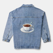 White coffee cup on a saucer filled with coffee denim jacket (Achterkant)
