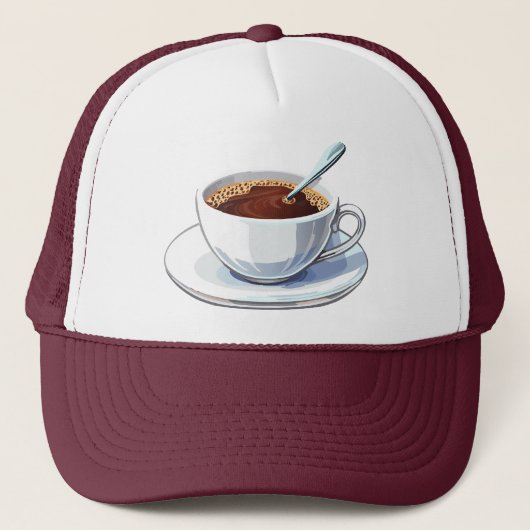 White coffee cup on a saucer filled with coffee trucker pet (Voorkant)