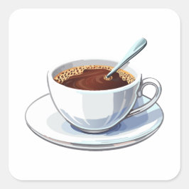 White coffee cup on a saucer filled with coffee vierkante sticker