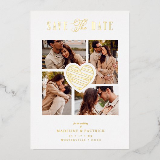 White Collage Wedding Golden Heart 4 Photos Real Folie Uitnodiging (Voorkant)