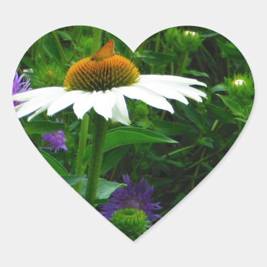 White Cone flower, paarse bloemen en moth Hart Sticker (Voorkant)