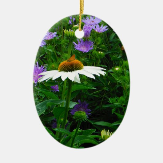 White Cone flower, paarse bloemen en moth Keramisch Ornament (Voorkant)