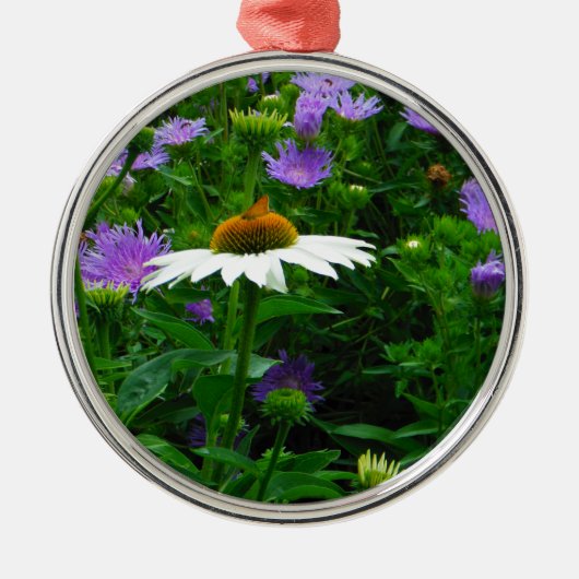 White Cone flower, paarse bloemen en moth Metalen Ornament (Voorkant)