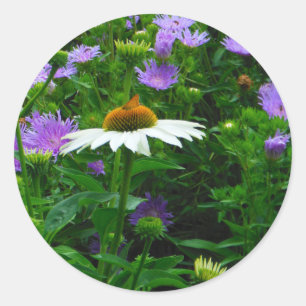 White Cone flower, paarse bloemen en moth Ronde Sticker