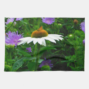 White Cone flower, paarse bloemen en moth Theedoek