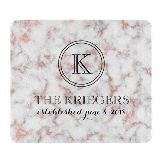 White Copper Metallic marble Monogram Weddenschap Snijplank (Voorkant)