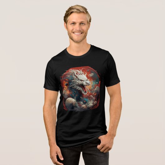 White Cosmic Dragon in Fiery Storm Tri-Blend Shirt (Voorkant volledig)