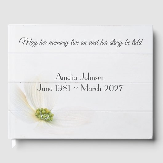 White Cosmos Flower on Wood Memorial Gastenboek (Voorkant)