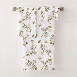 White Cotton Boll Stem Waterverf Patroon Bad Handdoek