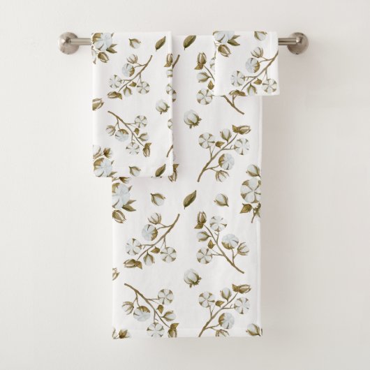 White Cotton Boll Stem Waterverf Patroon Bad Handdoek (Insitu)