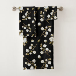 White Cotton Boll Stem Waterverf Pattern Black Bad Handdoek