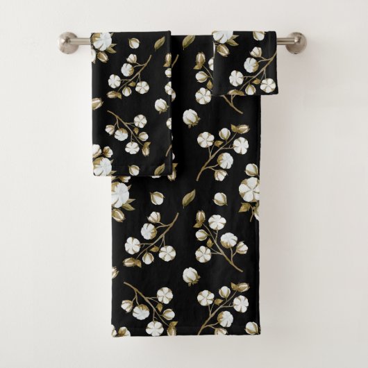 White Cotton Boll Stem Waterverf Pattern Black Bad Handdoek (Insitu)