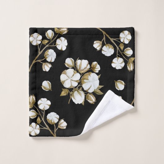 White Cotton Boll Stem Waterverf Pattern Black Bad Handdoek (Wasdoekje)