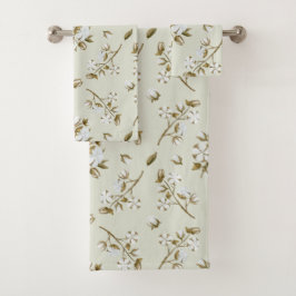 White Cotton Boll Stem Waterverf Zee Schuimgroen Bad Handdoek