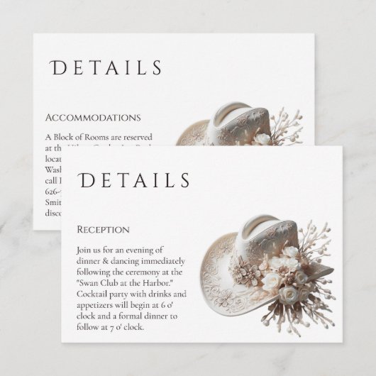 White Cowgirl Pet met bloemen Wedding Details Informatiekaartje (Voorkant / Achterkant)