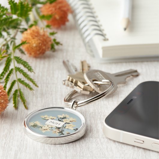  White Cream Azalea Flowers Monogram Sleutelhanger (Zijkant)