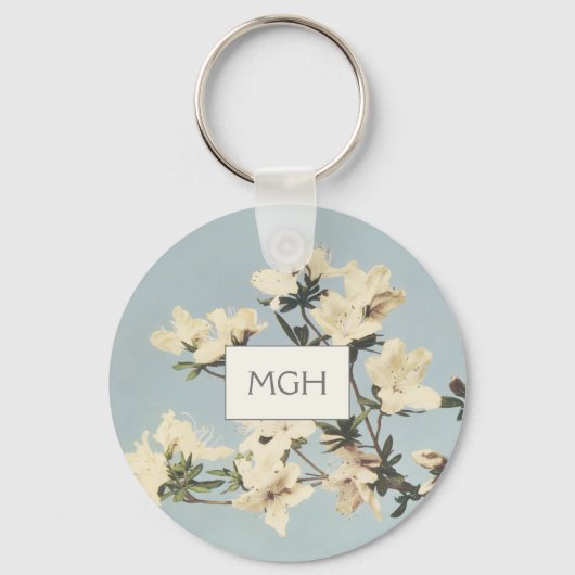 White Cream Azalea Flowers Monogram Sleutelhanger (Voorkant)