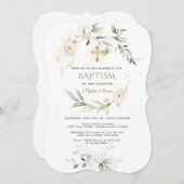 White Cream Floral Greenery Gold Cross Baptism  Kaart (Voorkant / Achterkant)