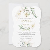 White Cream Floral Greenery Gold Cross Baptism  Kaart (Voorkant)