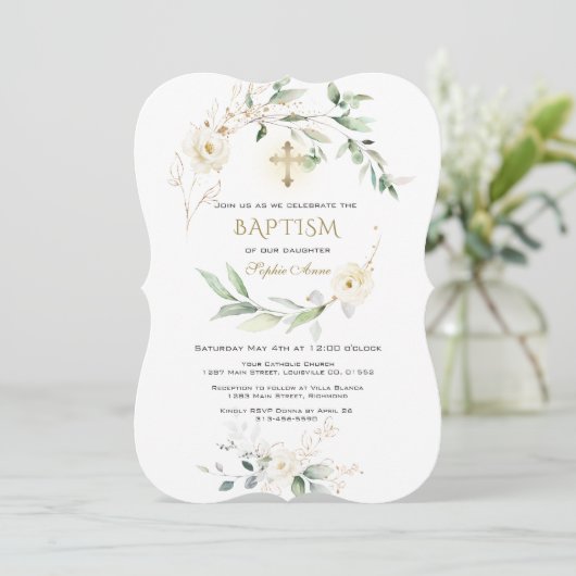White Cream Floral Greenery Gold Cross Baptism  Kaart (Staand voorkant)