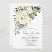 White Cream Floral Handgeschreven Script-Baby show Kaart (Voorkant / Achterkant)