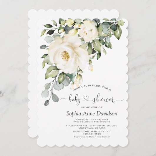 White Cream Floral Handgeschreven Script-Baby show Kaart (Voorkant / Achterkant)