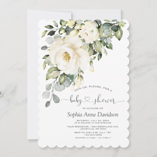 White Cream Floral Handgeschreven Script-Baby show Kaart (Voorkant)