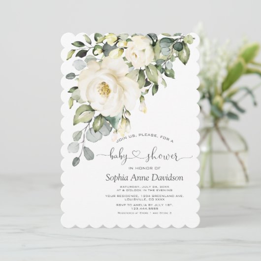 White Cream Floral Handgeschreven Script-Baby show Kaart (Staand voorkant)