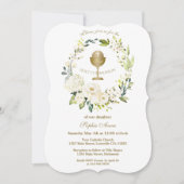 White Cream Floral Wreath Gold Heilige Communie Kaart (Voorkant)