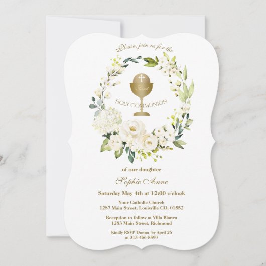 White Cream Floral Wreath Gold Heilige Communie Kaart (Voorkant)