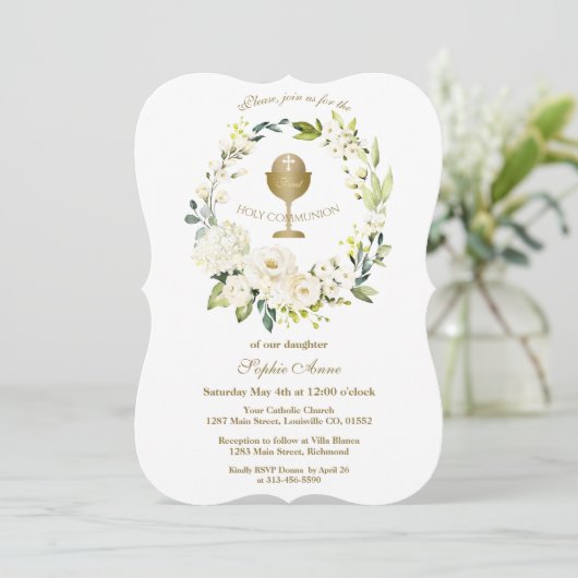 White Cream Floral Wreath Gold Heilige Communie Kaart (Staand voorkant)