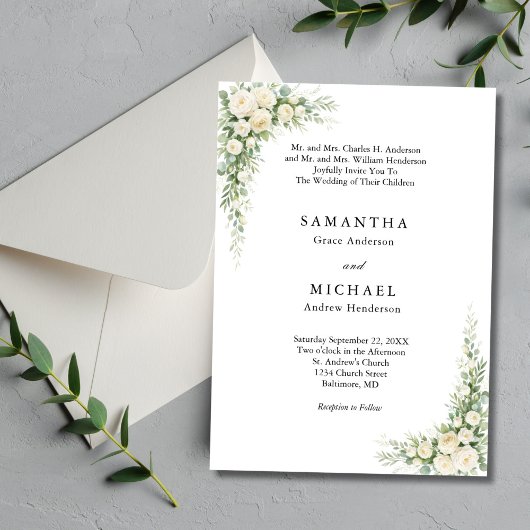 White Cream Florals Both Parents Names Wedding Kaart