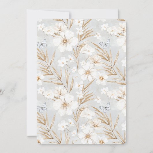 White Cream Flowers Blue Butterflies Vrijgezellenf Kaart (Achterkant)