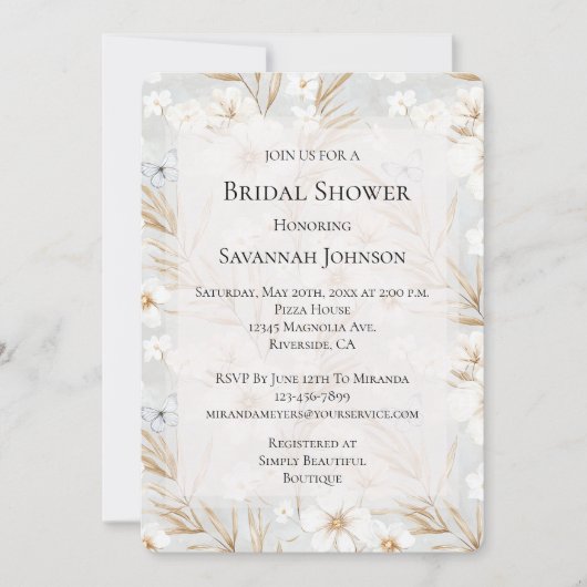 White Cream Flowers Blue Butterflies Vrijgezellenf Kaart (Voorkant)