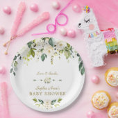 White Cream Flowers Gold Baby shower Papieren Bordje (Feest)