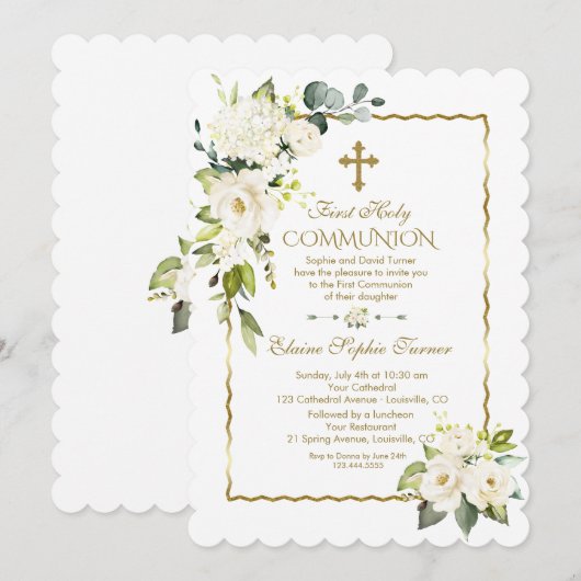 White Cream Flowers Gold First Holy Communion Kaart (Voorkant / Achterkant)