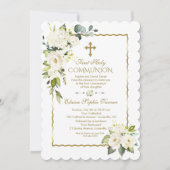 White Cream Flowers Gold First Holy Communion Kaart (Voorkant)