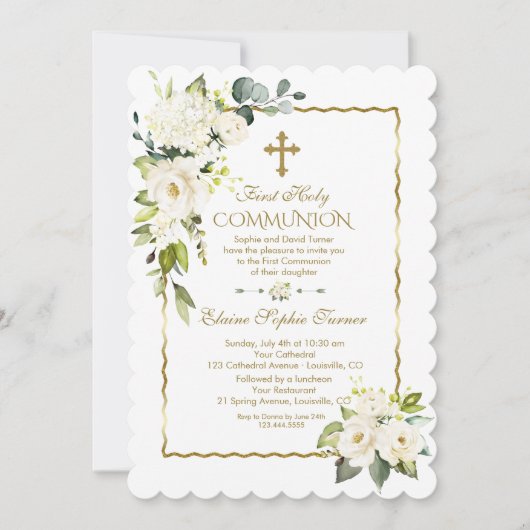 White Cream Flowers Gold First Holy Communion Kaart (Voorkant)