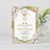 White Cream Flowers Gold Schattige Boy Primera Com Kaart (Staand voorkant)