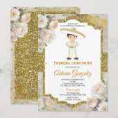 White Cream Flowers Gold Schattige Boy Primera Com Kaart (Voorkant / Achterkant)
